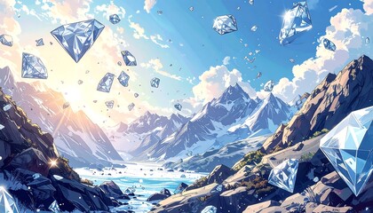 Animated scene of mountains, river, and floating diamonds under a sunny, cloudy sky, art style