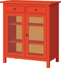 Vibrant red cabinet with glass doors and drawers for stylish storage