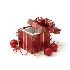 Open Red and Gold Christmas Gift Box with Ornaments