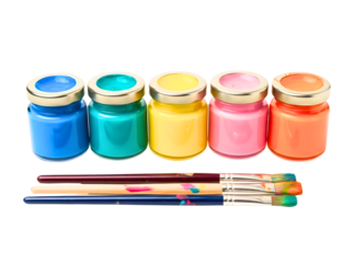 Colorful paint jars and brushes isolated on transparent background