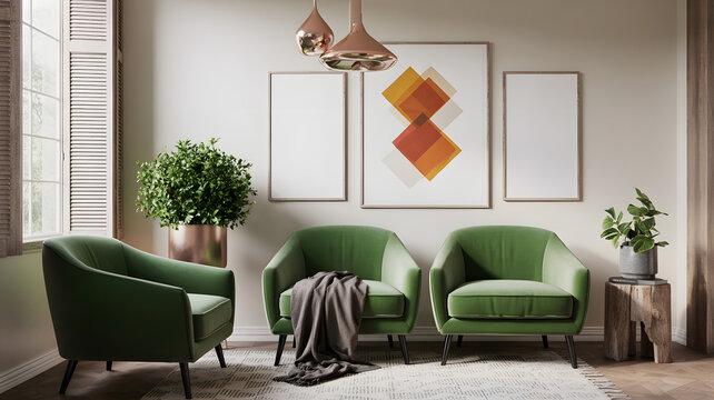 Cozy living room with green velvet armchairs and modern art