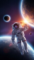 Astronaut floating in space with planets and glowing sunlight