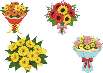 Colorful floral bouquet illustration set featuring vibrant gerbera daisies, mixed blossoms, decorative wrapping, and elegant flower arrangements for seasonal and creative vector design projects.