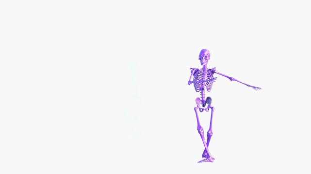 This 3D artwork depicts a shiny, metallic human skeleton striking a playful dancing pose, blending anatomical structure with artistic, stylized movement.