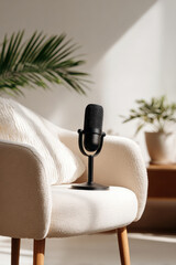 A soft cream-colored armchair stands beside a light wood table with a mounted black microphone