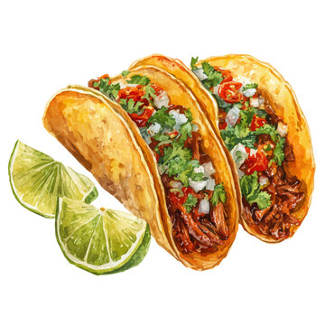 Watercolor painting of Tacos Al Pastor, vector illustration, isolated on white background.