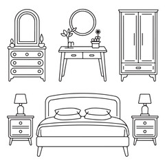 Bed and Wardrobe Bedroom Furniture Line Icons