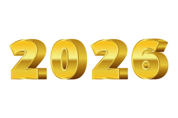 Golden 2026 3D numbers celebrating Happy New Year and future calendar events with luxury shiny metallic style isolated on transparent background