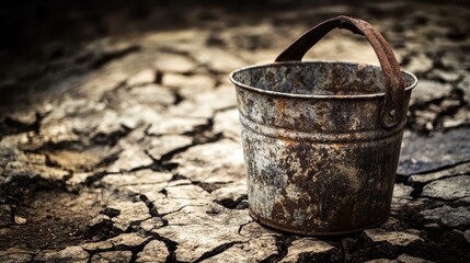 Naklejka premium An old rusted metal bucket sits on dry cracked earth representing drought and scarcity