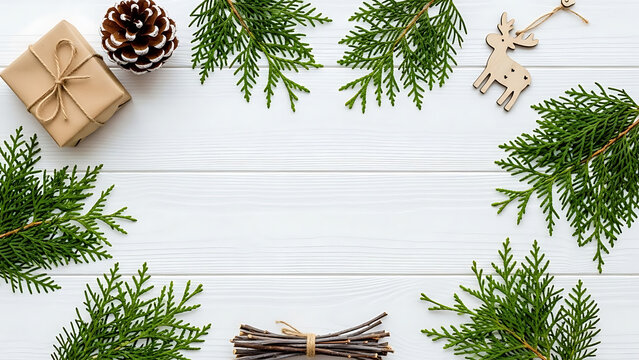 Christmas background with fir branches and pine cones on a wooden surface for holiday greeting card - Powered by Adobe