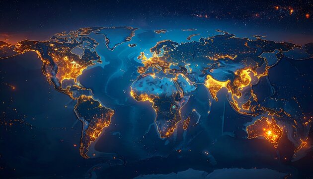 Abstract world map with glowing city lights against a dark space background, showcasing global connectivity and night skies