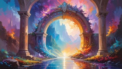 An ornate archway frames a vibrant, colorful landscape, creating a surreal and fantastical vista with water reflection