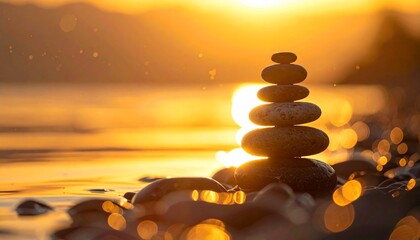Balanced Zen stone stack at golden hour sunset on calm beach, symbolizing tranquility and harmony