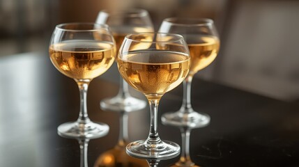 Four glasses of white wine on a dark reflective surface, elegant toast for celebration
