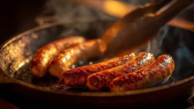 Sizzling sausages being expertly cooked in a cast-iron skillet, with steam rising in a warm kitchen, creating a cozy atmosphere perfect for a hearty meal