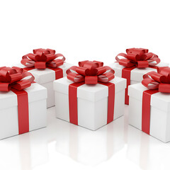 Five White Gift Boxes with Elegant Red Bows