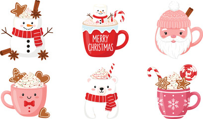 Set of Cute Cartoon Coffee and Dessert Characters. Vector Illustration of Kawaii Hot Drinks, Cookie, Donut, and Ice Cream.