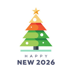 Minimalist Christmas tree icon, Happy New Year 2026 typography, white background, clean vector.