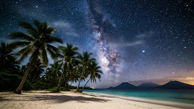 Stunning night sky of the milky way galaxy over a tropical beach and palm trees