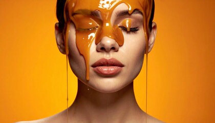 Woman's Face Covered in Dripping Golden Honey for Natural Beauty and Skincare Treatment