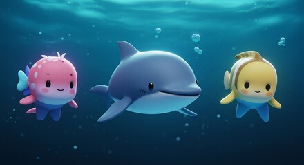 水面に陽光が優しく降り注ぎキラキラと輝く澄んだ青い海中をコンピューターグラフィックスで描かれた可愛らしいイルカと小さな魚たちが楽しげに泳ぎ回る感動的な光景. AI Generated