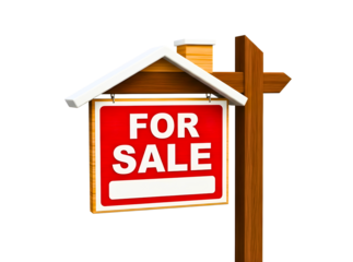 A red and white for sale real estate sign on a wooden post isolated on transparent background