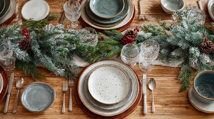 Aerial shot of a perfectly decorated Christmas dinner table set with platters and glassware, symmetrical composition