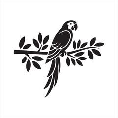 perched parrot silhouette vector icon, Black macaw parrot perched on branch vector illustration.