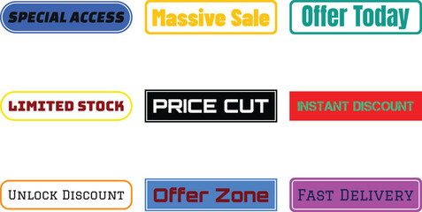 Nine colorful buttons with sale offers isolated on transparent background