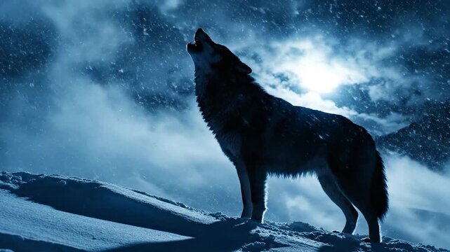 Dramatic profile silhouette of a black wolf howling majestically against a swirling blizzard sky and heavy falling snow illuminated by blue moonlight cry, epic, atmospheric