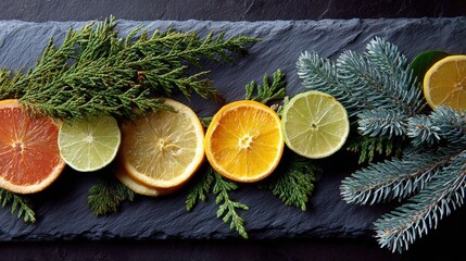Christmas greenery and citrus slices on slate board, natural textures, restrained color palette