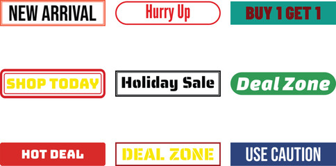 Various colorful buttons with sales messages isolated on transparent background