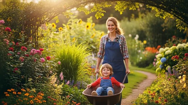 Joyful mother pushing child in wheelbarrow through sunny garden