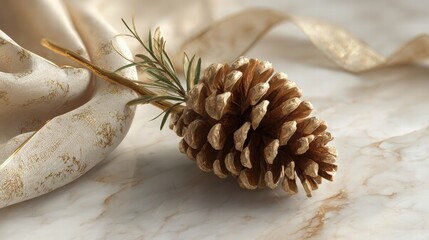 Elegant pinecone arrangement with metallic ribbon on marble surface, high realism, soft shadows