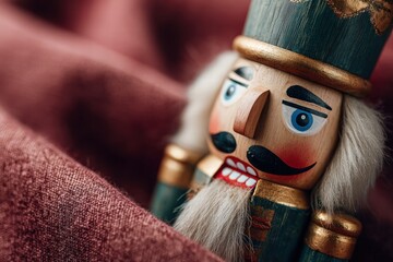 Close-up of a vintage nutcracker figure on a velvet cloth, rich textures, holiday charm, studio lighting