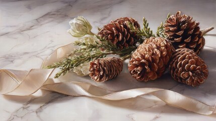 Elegant pinecone arrangement with metallic ribbon on marble surface, high realism, soft shadows