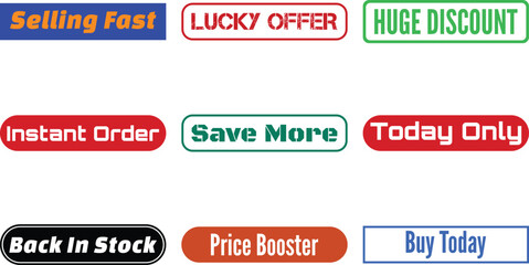 Various colorful buttons with sales messages isolated on transparent background