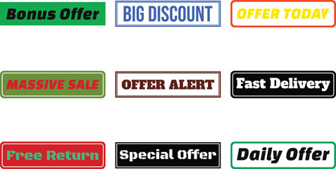 Nine colorful buttons with sales offers isolated on transparent background