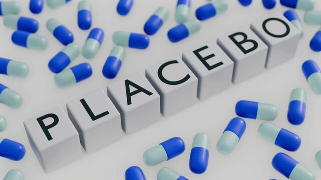 A 3D animation of the word "PLACEBO", spelled out on six individual cubic blocks, surrounded by numerous scattered pharmaceutical capsules.