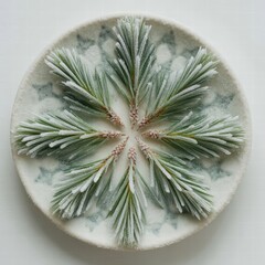 Frosted pine needles arranged in a geometric pattern on white ceramic plate