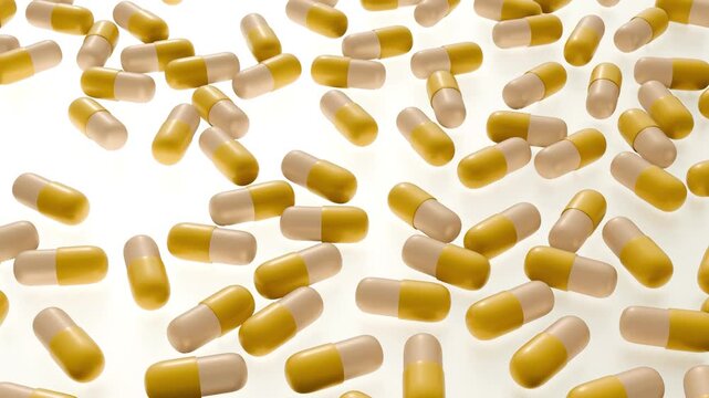 A 3D animation of the word "PLACEBO", spelled out on six individual cubic blocks, surrounded by numerous scattered pharmaceutical capsules.