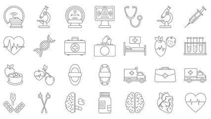 Collection of black and white line icons representing various medical equipment diagnostics and healthy lifestyle concepts