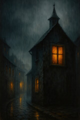 Rainy Dark Village Street with Glowing Windows at Night