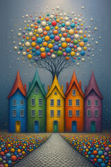 Whimsical Colorful Houses with Fantasy Tree Illustration