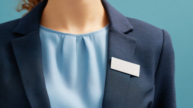 Professional attire: navy blazer, light blue blouse and blank name tag.