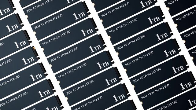 A 3D animation of multiple identical PCIe 4.0 NVMe M.2 SSDs (Solid State Drives), each with a storage capacity of 1 TB.