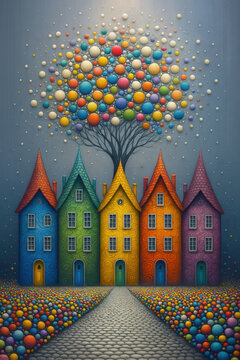 Whimsical Colorful Houses with Fantasy Tree Illustration