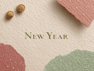Minimalist New Year greeting card on a textured paper background with elegant typography and color-block embellishments, clean shadows