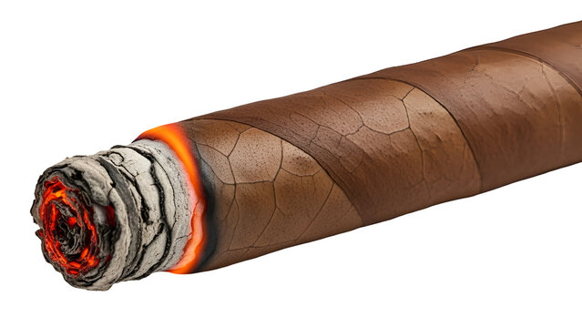 A close-up shot capturing the vibrant glow of a lit cigar's embers and white ash against darkness