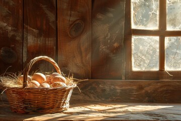 Rustic wicker basket filled with fresh brown organic eggs resting on straw, placed on a weathered wooden table.